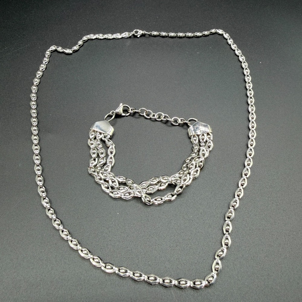 Stainless Steel Geometric Link Necklace Triple Strand Bracelet Set Y2K Statement